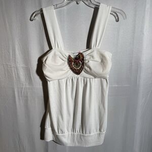 Body Central Beaded Tank Top Womens Large White Boho Festival Sleeveless Summer